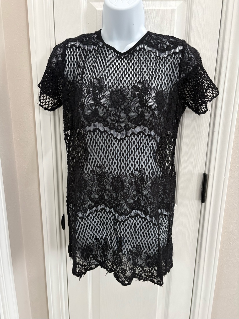 ezra Black Lace Knit Short-Sleeve Top